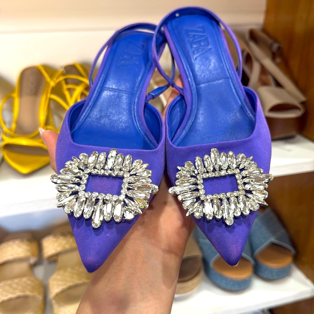 zara blue crystal embellished bejeweled party holiday kitten high heels size 38